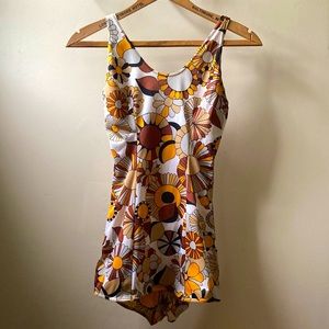 Vintage 60s One Piece Brown Gold Black Floral Bathing Suit